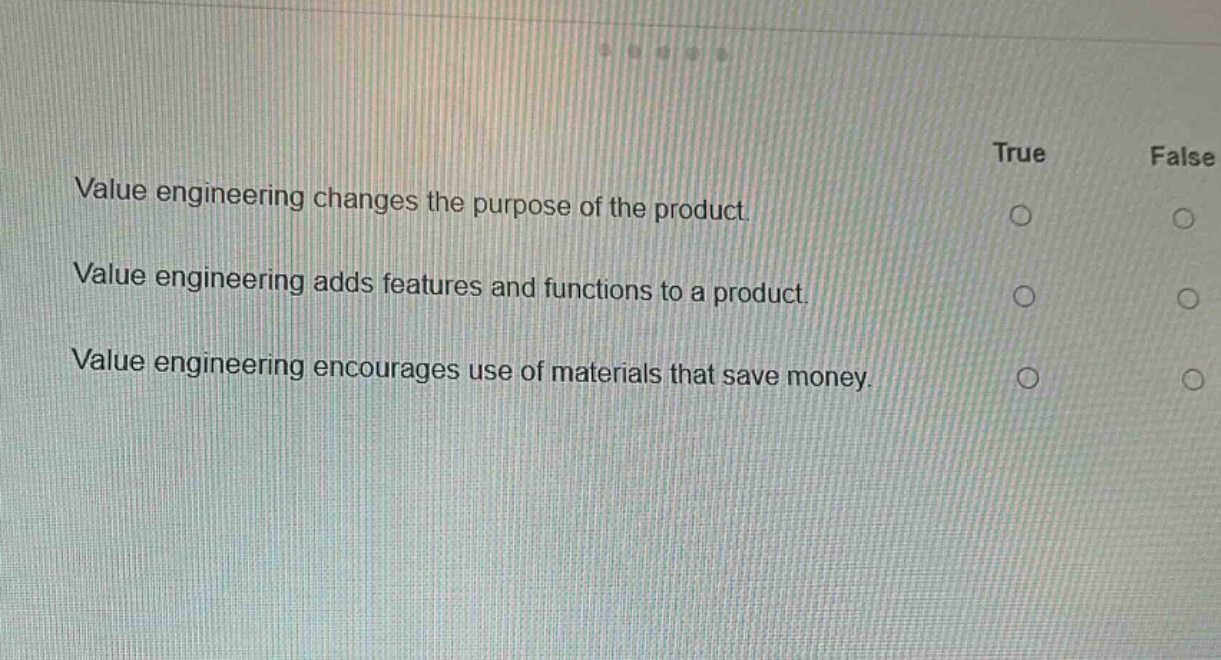 value engineering changes the purpose of the product. true false\nvalue engineering adds features and functions to a product. true false\nvalue engineering encourages use of materials that save money. true false