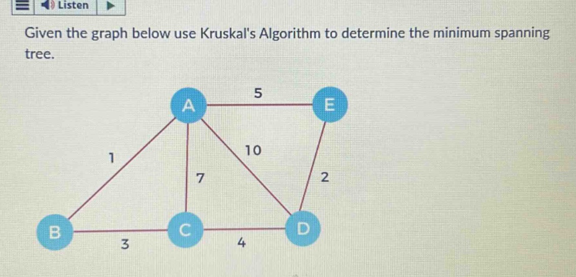 given the graph below use kruskals algorithm to determine the minimum spanning tree.