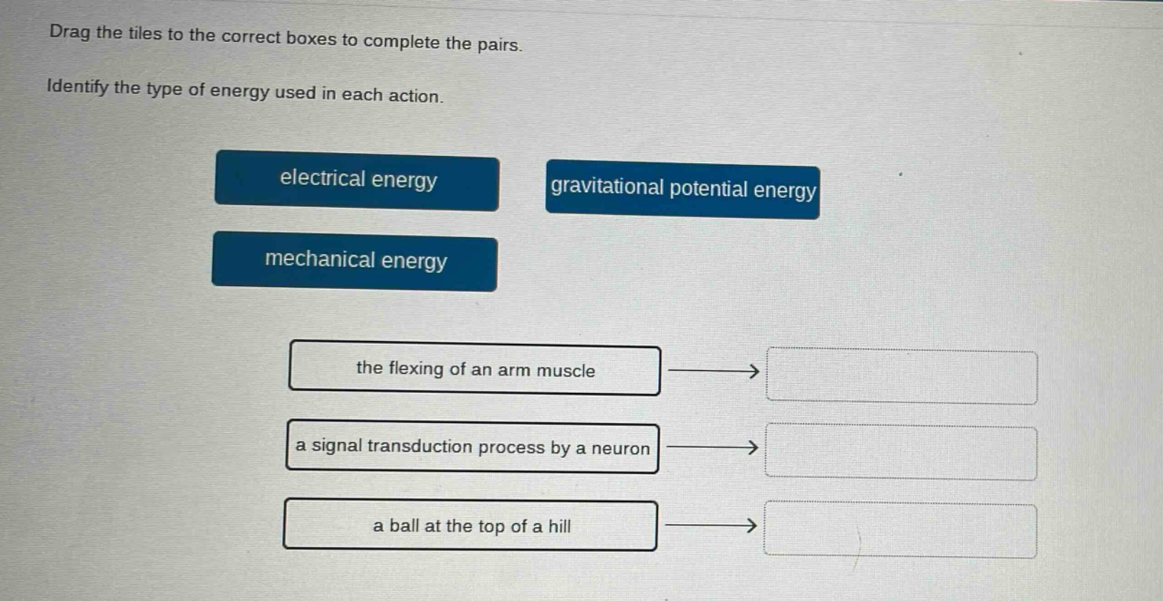 drag the tiles to the correct boxes to complete the pairs. identify the type of energy used in each action. electrical energy gravitational potential energy mechanical energy the flexing of an arm muscle a signal transduction process by a neuron a ball at the top of a hill