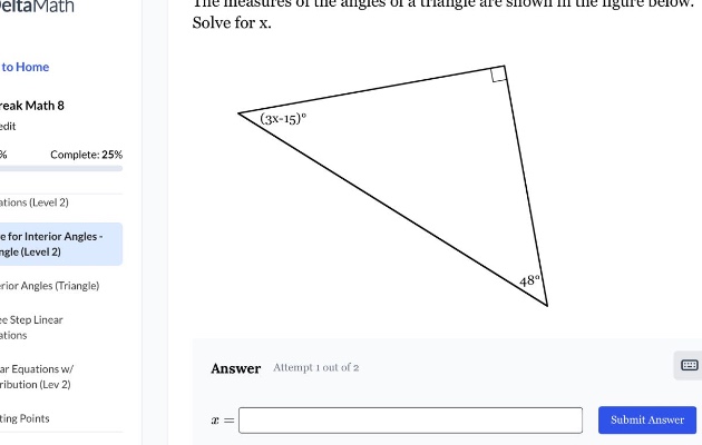 the measures of the angles of a triangle are shown in the figure below. solve for x. answer attempt 1 out of 2 x =