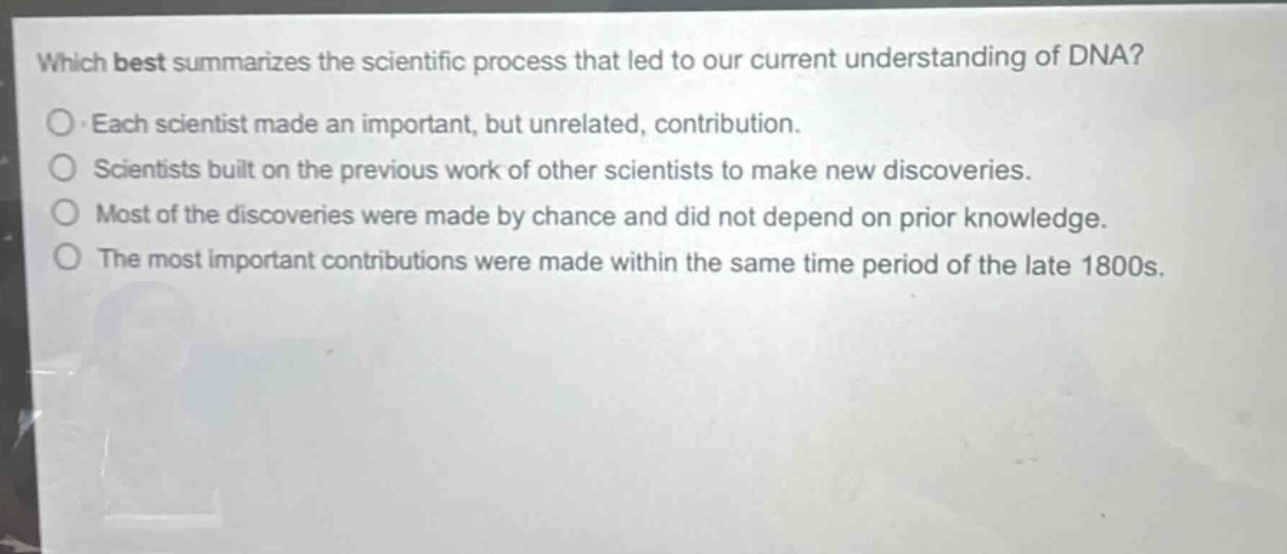which best summarizes the scientific process that led to our current understanding of dna?\neach scientist made an important, but unrelated, contribution.\nscientists built on the previous work of other scientists to make new discoveries.\nmost of the discoveries were made by chance and did not depend on prior knowledge.\nthe most important contributions were made within the same time period of the late 1800s.