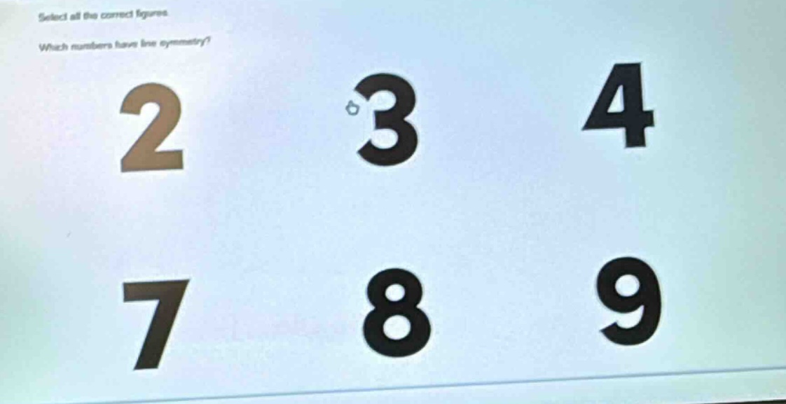 select all the correct figures. which numbers have line symmetry? 2 3 4 7 8 9