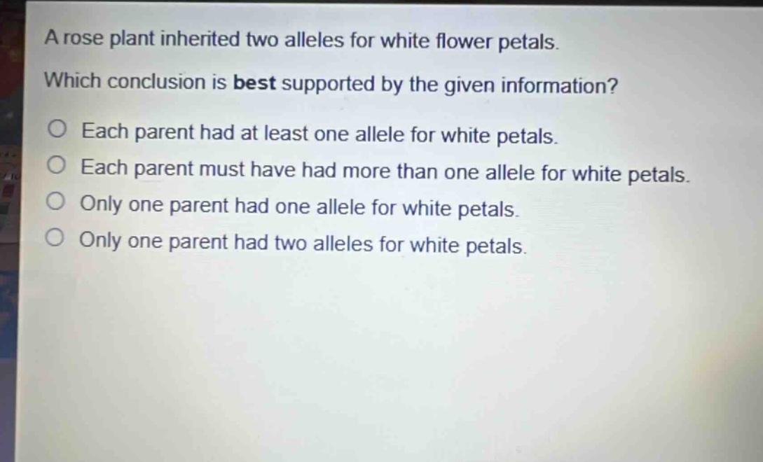a rose plant inherited two alleles for white flower petals. which conclusion is best supported by the given information? each parent had at least one allele for white petals. each parent must have had more than one allele for white petals. only one parent had one allele for white petals. only one parent had two alleles for white petals.