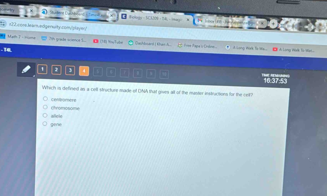 which is defined as a cell structure made of dna that gives all of the master instructions for the cell?\ncentromere\nchromosome\nallele\ngene