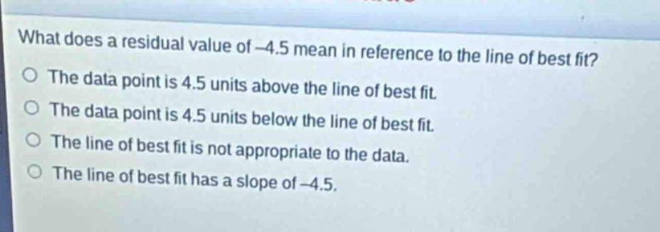 what does a residual value of -4.5 mean in reference to the line of best fit?\nthe data point is 4.5 units above the line of best fit.\nthe data point is 4.5 units below the line of best fit.\nthe line of best fit is not appropriate to the data.\nthe line of best fit has a slope of -4.5.