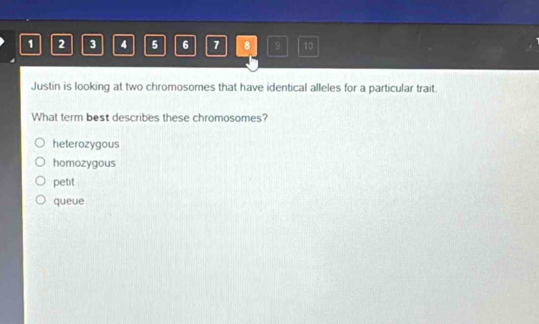 justin is looking at two chromosomes that have identical alleles for a particular trait. what term best describes these chromosomes?\n○ heterozygous\n○ homozygous\n○ petit\n○ queue
