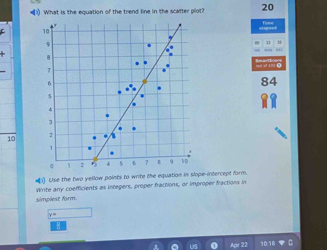 what is the equation of the trend line in the scatter plot? use the two yellow points to write the equation in slope - intercept form. write any coefficients as integers, proper fractions, or improper fractions in simplest form. y=