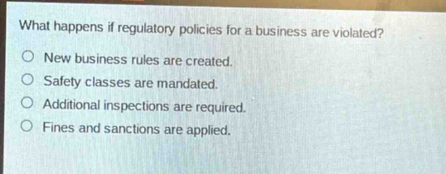 what happens if regulatory policies for a business are violated?\no new business rules are created.\no safety classes are mandated.\no additional inspections are required.\no fines and sanctions are applied.