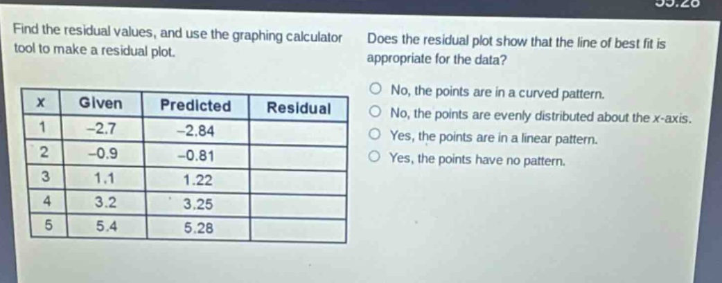 find the residual values, and use the graphing calculator tool to make a residual plot.\ndoes the residual plot show that the line of best fit is appropriate for the data?\n|x|given|predicted|residual|\n|----|----|----|----|\n|1|-2.7|-2.84|\n|2|-0.9|-0.81|\n|3|1.1|1.22|\n|4|3.2|3.25|\n|5|5.4|5.28|\nno, the points are in a curved pattern.\nno, the points are evenly distributed about the x - axis.\nyes, the points are in a linear pattern.\nyes, the points have no pattern.