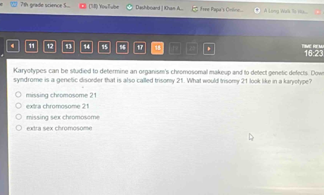 karyotypes can be studied to determine an organisms chromosomal makeup and to detect genetic defects. down syndrome is a genetic disorder that is also called trisomy 21. what would trisomy 21 look like in a karyotype?\nmissing chromosome 21\nextra chromosome 21\nmissing sex chromosome\nextra sex chromosome