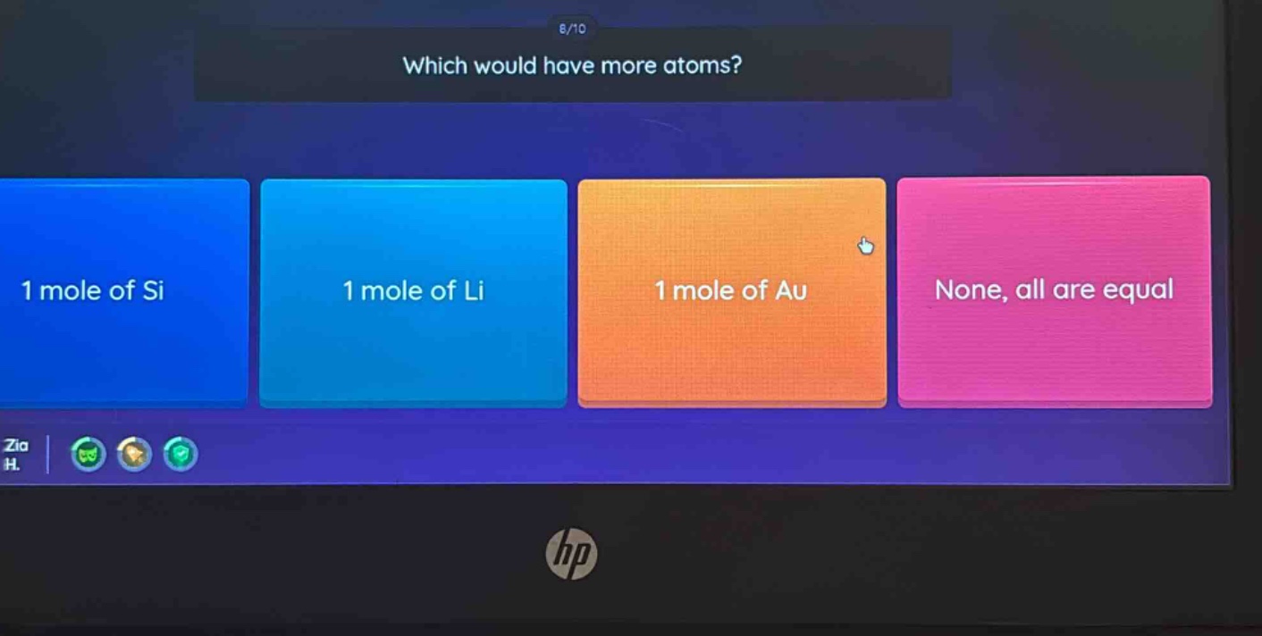 which would have more atoms? 1 mole of si 1 mole of li 1 mole of au none, all are equal