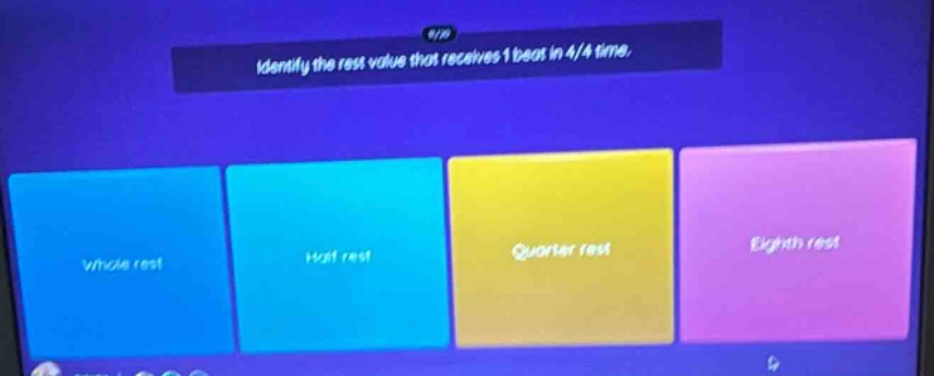 identify the rest value that receives 1 beat in 4/4 time. whole rest half rest quarter rest eighth rest