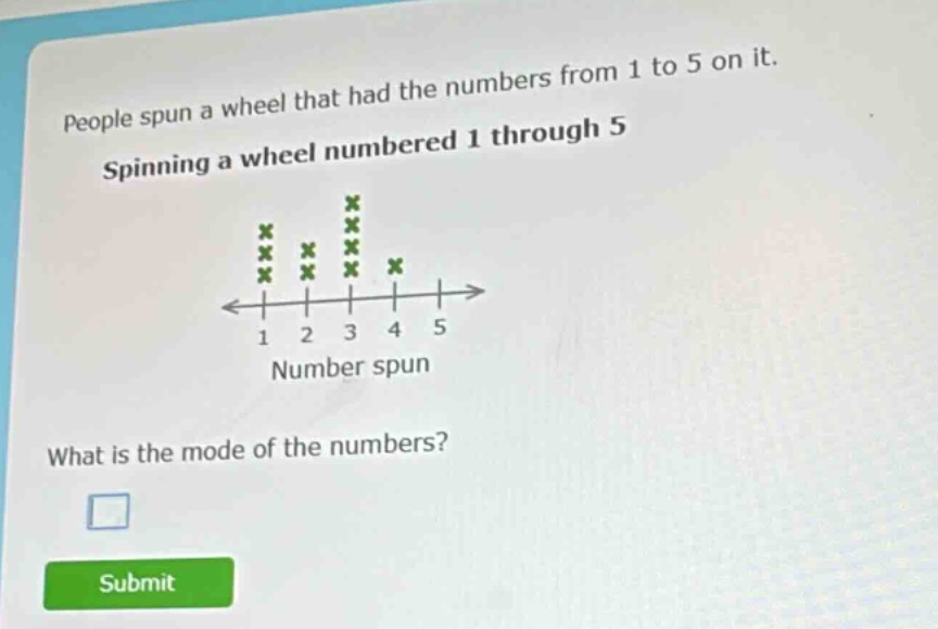 people spun a wheel that had the numbers from 1 to 5 on it. spinning a wheel numbered 1 through 5 what is the mode of the numbers?