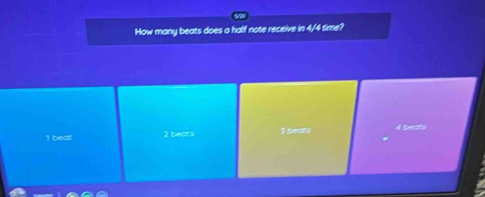 how many beats does a half note receive in 4/4 time? 1 beat 2 beats 3 beats 4 beats