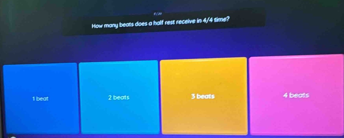 how many beats does a half rest receive in 4/4 time? 1 beat 2 beats 3 beats 4 beats