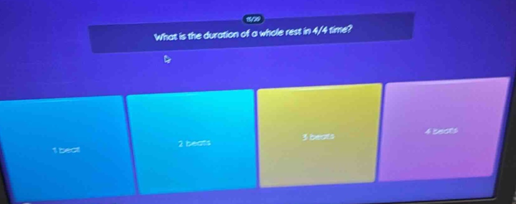 what is the duration of a whole rest in 4/4 time? 1 beat 2 beats 3 beats 4 beats
