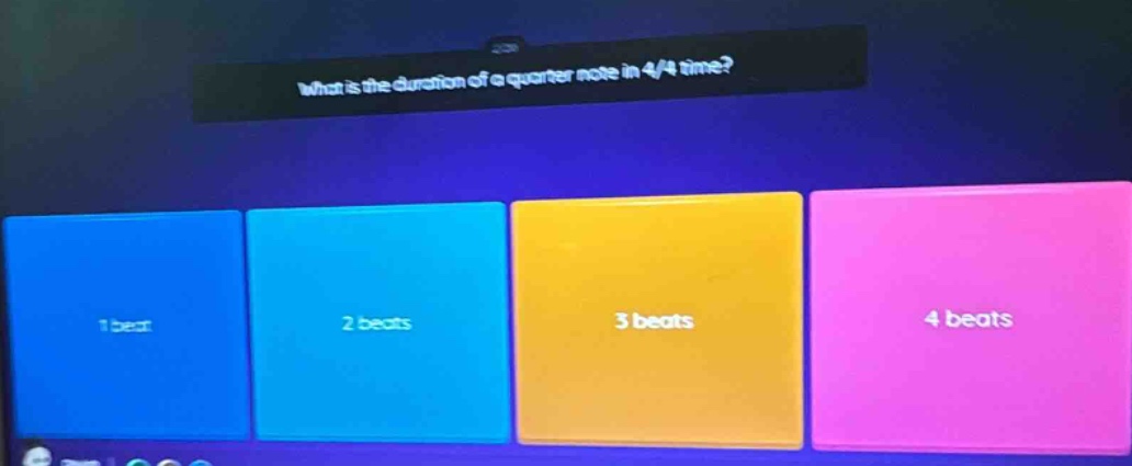 what is the duration of a quarter note in 4/4 time? 1 beat 2 beats 3 beats 4 beats