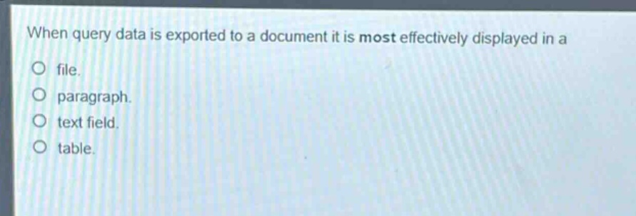 when query data is exported to a document it is most effectively displayed in a\nfile.\nparagraph.\ntext field.\ntable.