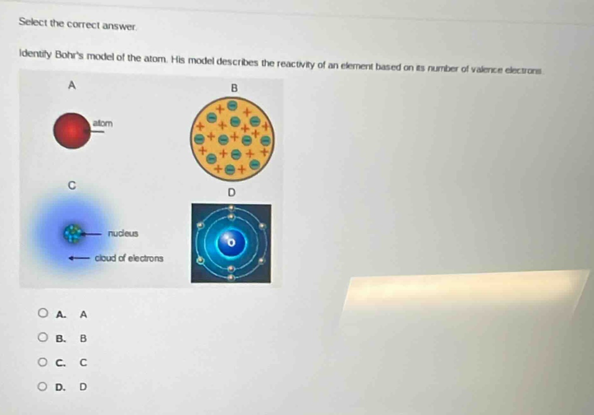 select the correct answer. identify bohrs model of the atom. his model describes the reactivity of an element based on its number of valence electrons.