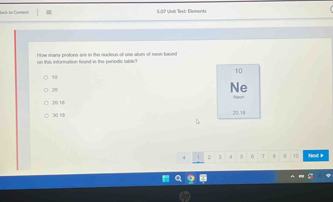 how many protons are in the nucleus of one atom of neon based on this information found in the periodic table?\n10\n20\n20.18\n30.18