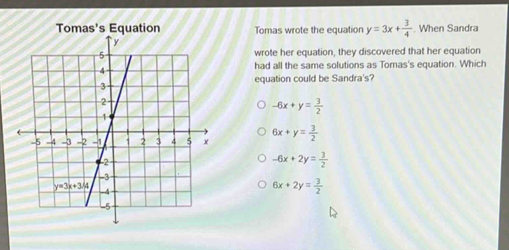 tomass equation\ntomas wrote the equation y = 3x+\\frac{3}{4}. when sandra wrote her equation, they discovered that her equation had all the same solutions as tomass equation. which equation could be sandras?\n-6x + y = \\frac{3}{2}\n6x + y = \\frac{3}{2}\n-6x + 2y = \\frac{3}{2}\n6x + 2y = \\frac{3}{2}