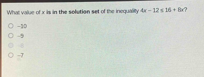 what value of x is in the solution set of the inequality 4x - 12 ≤ 16 + 8x?\n-10\n-9\n-8\n-7