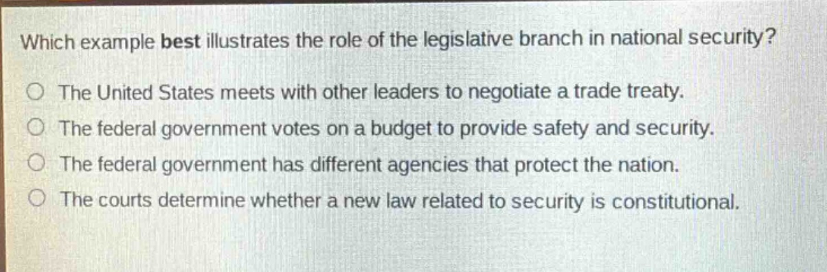 which example best illustrates the role of the legislative branch in national security?\nthe united states meets with other leaders to negotiate a trade treaty.\nthe federal government votes on a budget to provide safety and security.\nthe federal government has different agencies that protect the nation.\nthe courts determine whether a new law related to security is constitutional.