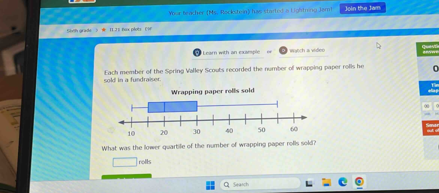 each member of the spring valley scouts recorded the number of wrapping paper rolls he sold in a fundraiser.\nwrapping paper rolls sold\nwhat was the lower quartile of the number of wrapping paper rolls sold?\nrolls