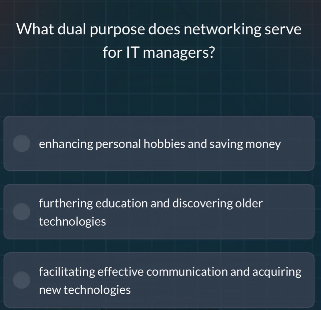 what dual purpose does networking serve for it managers?\n\nenhancing personal hobbies and saving money\n\nfurthering education and discovering older technologies\n\nfacilitating effective communication and acquiring new technologies