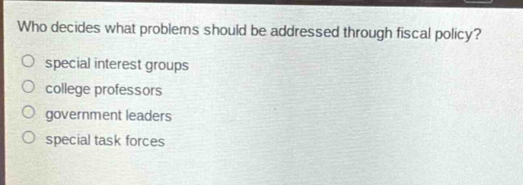 who decides what problems should be addressed through fiscal policy?\no special interest groups\no college professors\no government leaders\no special task forces