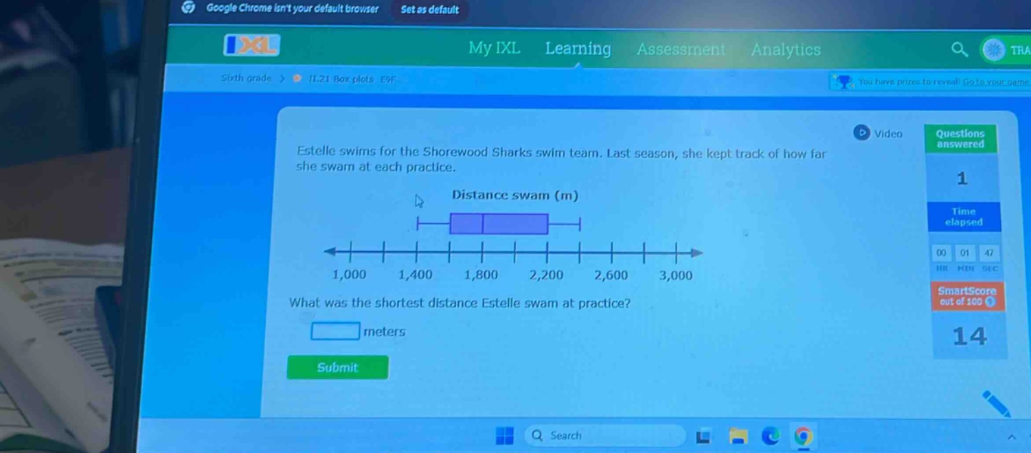 estelle swims for the shorewood sharks swim team. last season, she kept track of how far she swam at each practice. what was the shortest distance estelle swam at practice? meters