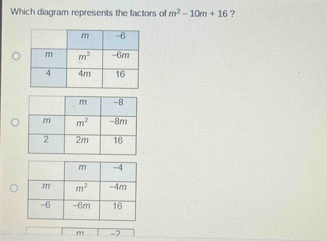 which diagram represents the factors of m² - 10m + 16?