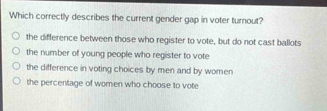 which correctly describes the current gender gap in voter turnout?\no the difference between those who register to vote, but do not cast ballots\no the number of young people who register to vote\no the difference in voting choices by men and by women\no the percentage of women who choose to vote