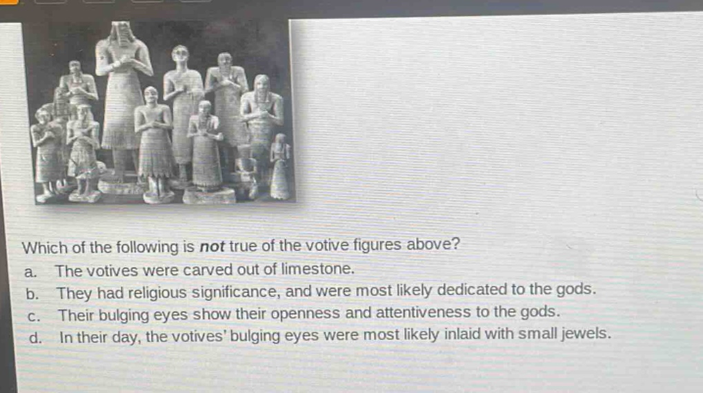 which of the following is not true of the votive figures above?\na. the votives were carved out of limestone.\nb. they had religious significance, and were most likely dedicated to the gods.\nc. their bulging eyes show their openness and attentiveness to the gods.\nd. in their day, the votives bulging eyes were most likely inlaid with small jewels.