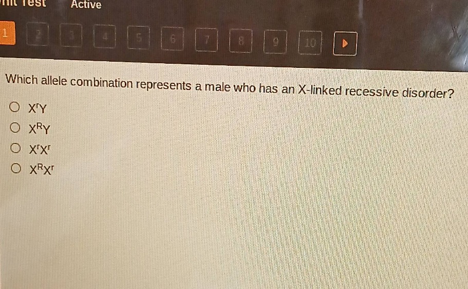 which allele combination represents a male who has an x - linked recessive disorder?\n○ x^ry\n○ x^ry\n○ x^rx^r\n○ x^rx^r