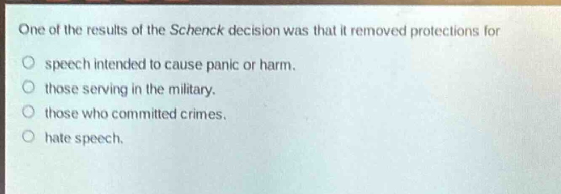 one of the results of the schenck decision was that it removed protections for\no speech intended to cause panic or harm.\no those serving in the military.\no those who committed crimes.\no hate speech.