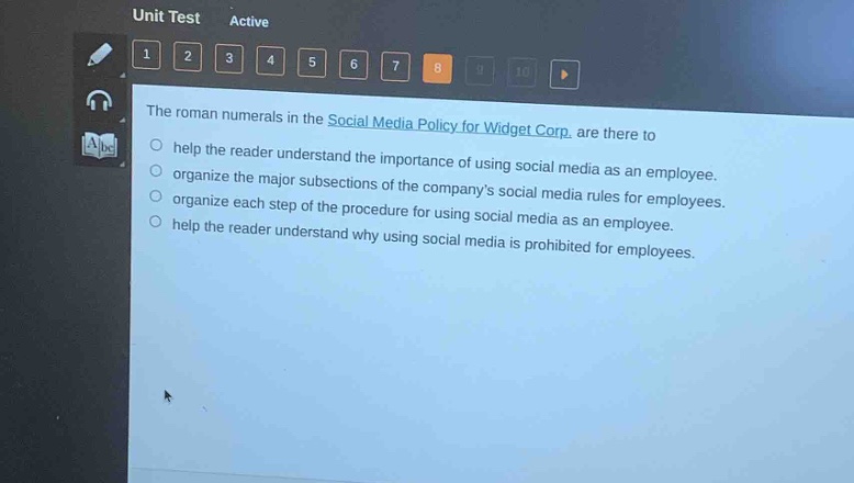 the roman numerals in the social media policy for widget corp. are there to\nhelp the reader understand the importance of using social media as an employee.\norganize the major subsections of the companys social media rules for employees.\norganize each step of the procedure for using social media as an employee.\nhelp the reader understand why using social media is prohibited for employees.