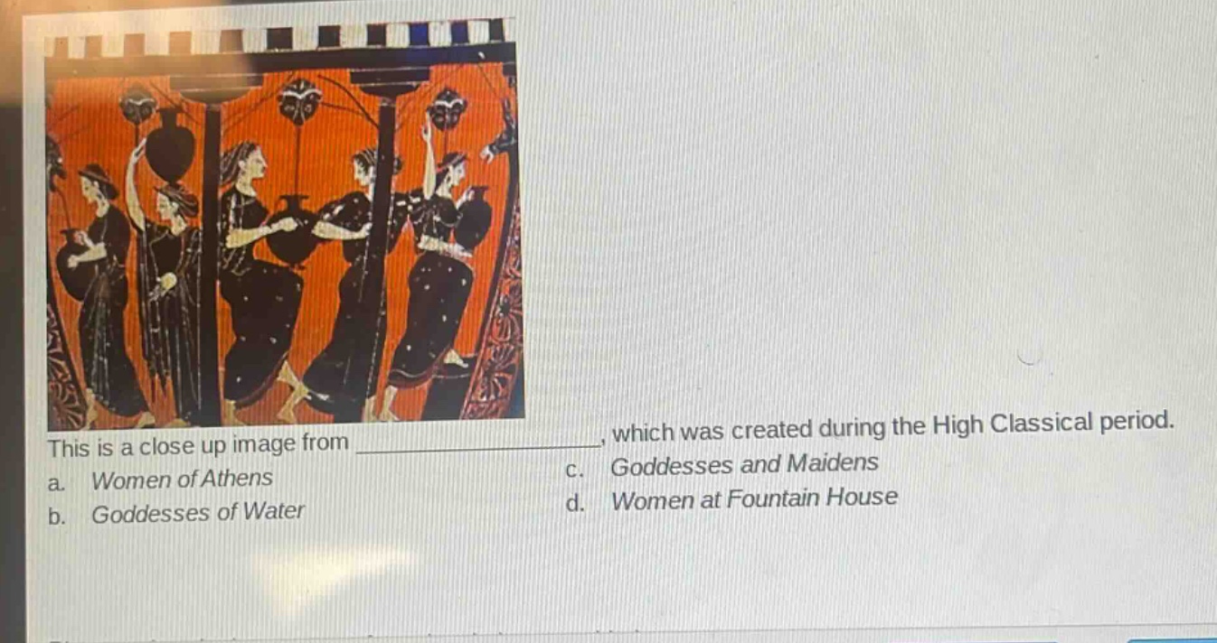 this is a close up image from ______________, which was created during the high classical period.\na. women of athens\nc. goddesses and maidens\nb. goddesses of water\nd. women at fountain house