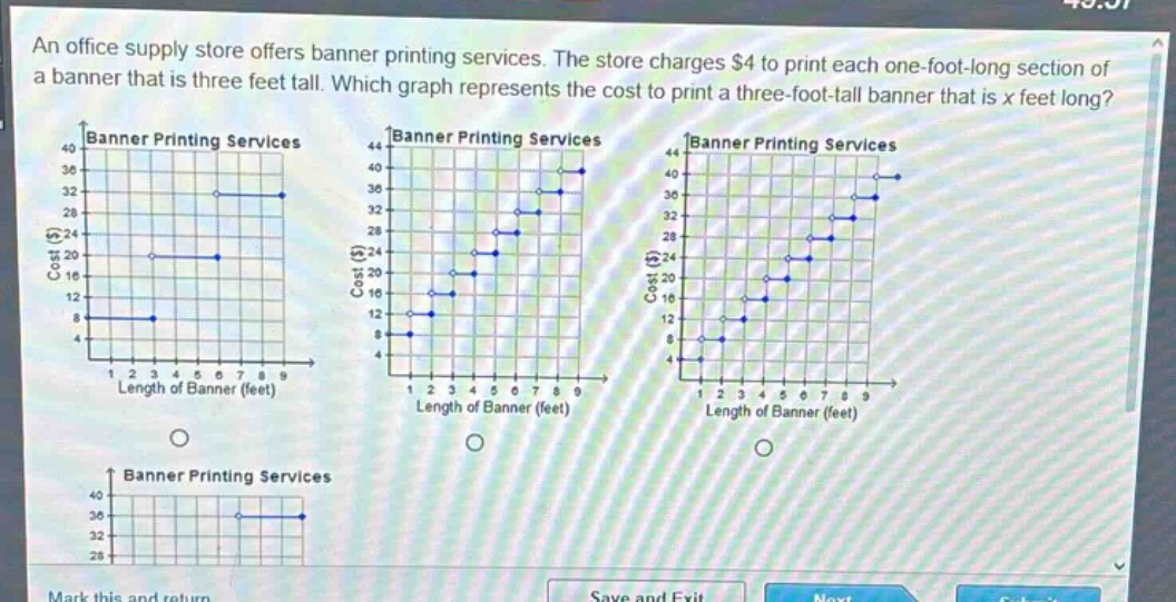 an office supply store offers banner printing services. the store charges $4 to print each one - foot - long section of a banner that is three feet tall. which graph represents the cost to print a three - foot - tall banner that is x feet long?