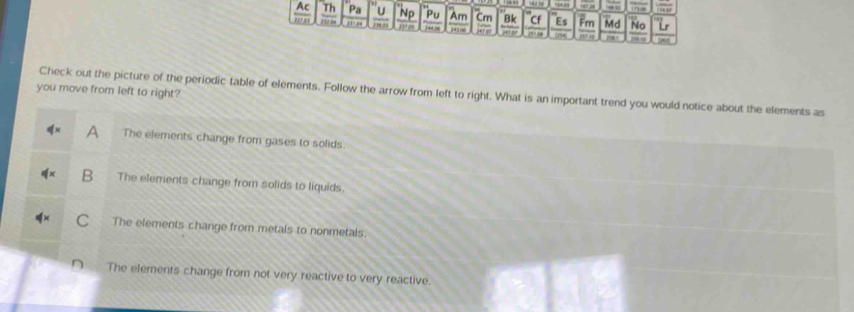 check out the picture of the periodic table of elements. follow the arrow from left to right. what is an important trend you would notice about the elements as you move from left to right?\na the elements change from gases to solids.\nb the elements change from solids to liquids.\nc the elements change from metals to nonmetals.\nd the elements change from not very reactive to very reactive.