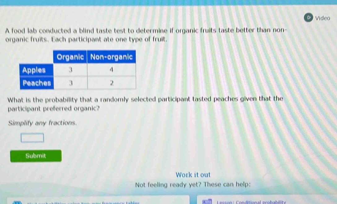 a food lab conducted a blind taste test to determine if organic fruits taste better than non - organic fruits. each participant ate one type of fruit.\n| |organic|non - organic|\n|--|--|--|\n|apples|3|4|\n|peaches|3|2|\nwhat is the probability that a randomly selected participant tasted peaches given that the participant preferred organic?\nsimplify any fractions.