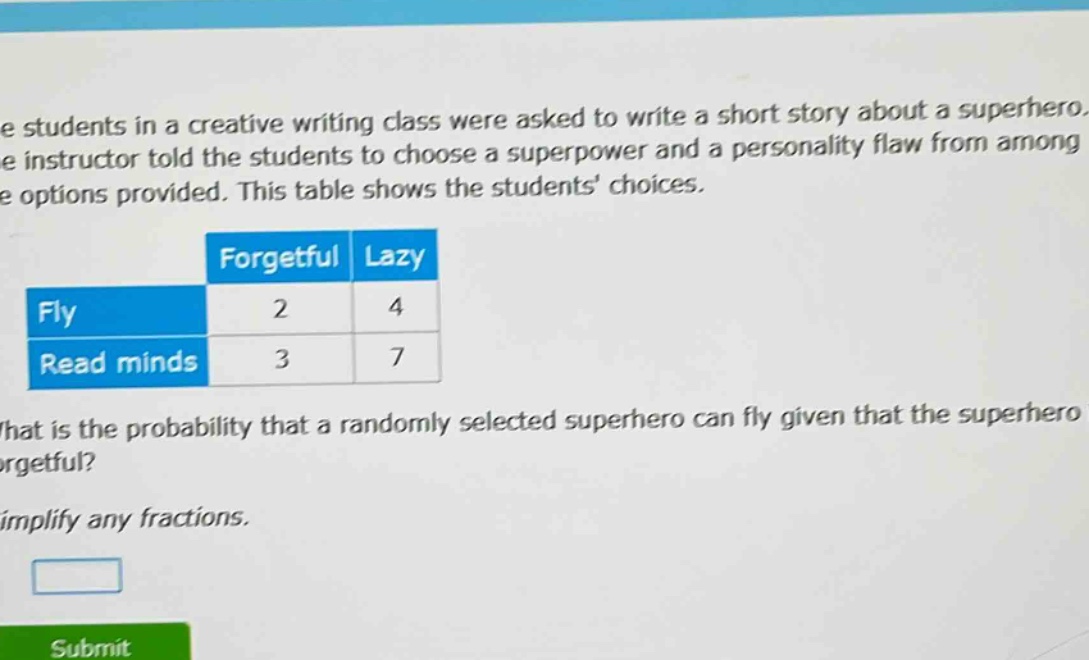 the students in a creative writing class were asked to write a short story about a superhero. the instructor told the students to choose a superpower and a personality flaw from among the options provided. this table shows the students choices.\n| |forgetful| lazy|\n|----|----|----|\n|fly|2|4|\n|read minds|3|7|\nwhat is the probability that a randomly selected superhero can fly given that the superhero is forgetful?\nsimplify any fractions.