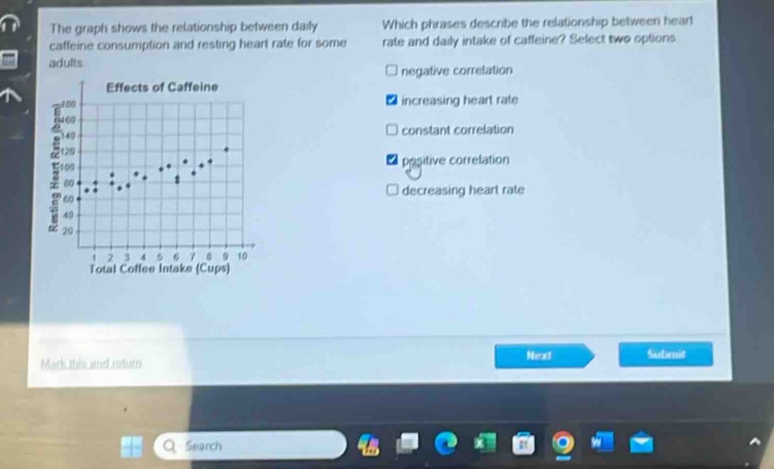 the graph shows the relationship between daily caffeine consumption and resting heart rate for some adults. which phrases describe the relationship between heart rate and daily intake of caffeine? select two options. negative correlation increasing heart rate constant correlation positive correlation decreasing heart rate