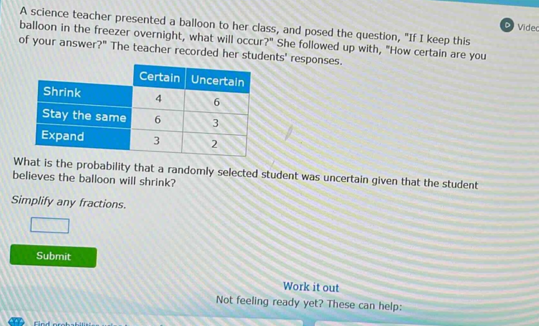 a science teacher presented a balloon to her class, and posed the question, \if i keep this balloon in the freezer overnight, what will occur?\ she followed up with, \how certain are you of your answer?\ the teacher recorded her students responses.\n| |certain|uncertain|\n|--|--|--|--|\n|shrink|4|6|\n|stay the same|6|3|\n|expand|3|2|\nwhat is the probability that a randomly selected student was uncertain given that the student believes the balloon will shrink?\nsimplify any fractions.