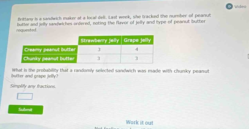 brittany is a sandwich maker at a local deli. last week, she tracked the number of peanut butter and jelly sandwiches ordered, noting the flavor of jelly and type of peanut butter requested.\n| |strawberry jelly|grape jelly|\n|--|--|--|\n|creamy peanut butter|3|4|\n|chunky peanut butter|3|3|\nwhat is the probability that a randomly selected sandwich was made with chunky peanut butter and grape jelly?\nsimplify any fractions.