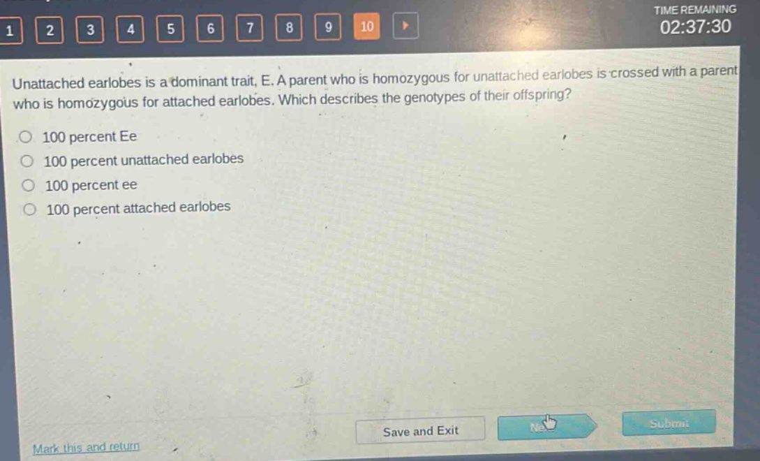 unattached earlobes is a dominant trait, e. a parent who is homozygous for unattached earlobes is crossed with a parent who is homozygous for attached earlobes. which describes the genotypes of their offspring?\n100 percent ee\n100 percent unattached earlobes\n100 percent ee\n100 percent attached earlobes