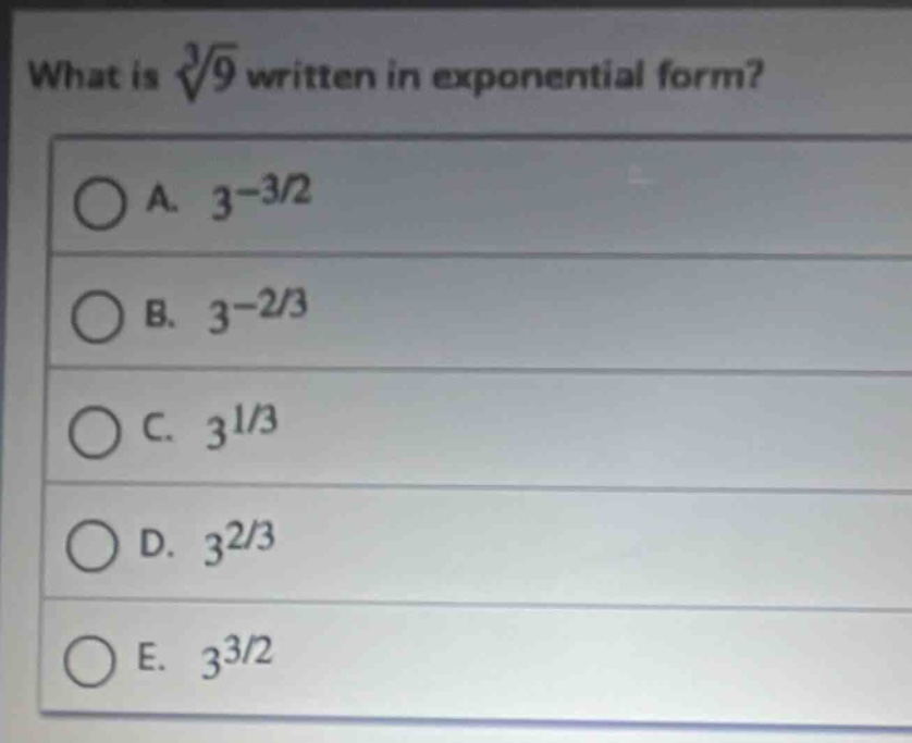 what is $sqrt3{9}$ written in exponential form?\na. $3^{-3/2}$\nb. $3^{-2/3}$\nc. $3^{1/3}$\nd. $3^{2/3}$\ne. $3^{3/2}$