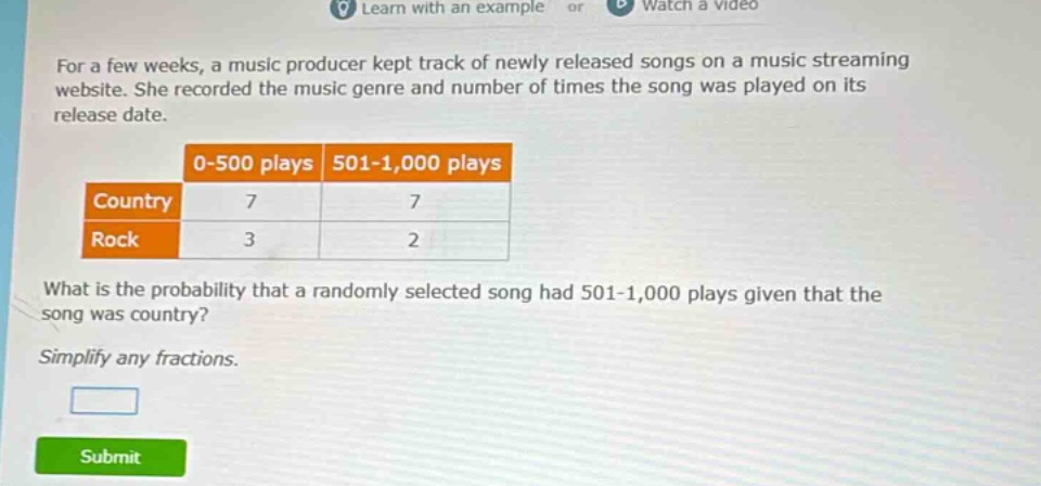 for a few weeks, a music producer kept track of newly released songs on a music streaming website. she recorded the music genre and number of times the song was played on its release date.\n| |0 - 500 plays|501 - 1,000 plays|\n|--|--|--|\n|country|7|7|\n|rock|3|2|\nwhat is the probability that a randomly selected song had 501 - 1,000 plays given that the song was country?\nsimplify any fractions.
