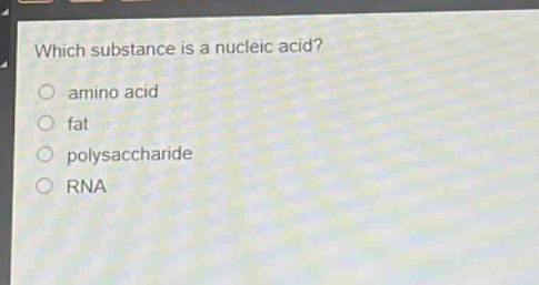 which substance is a nucleic acid?\namino acid\nfat\npolysaccharide\nrna