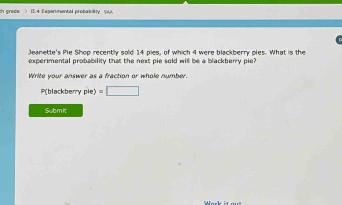 jeanettes pie shop recently sold 14 pies, of which 4 were blackberry pies. what is the experimental probability that the next pie sold will be a blackberry pie? write your answer as a fraction or whole number. p(blackberry pie) =